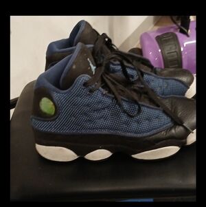 Blue and Black Air Jordan Sneakers Lime Accents EUC 6Y